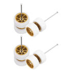 Four Pack One Sixty Fourth Scale Wheels And Tires Set With Real Riders Rims In White With Gold Seven Spoke Design Includes Axles