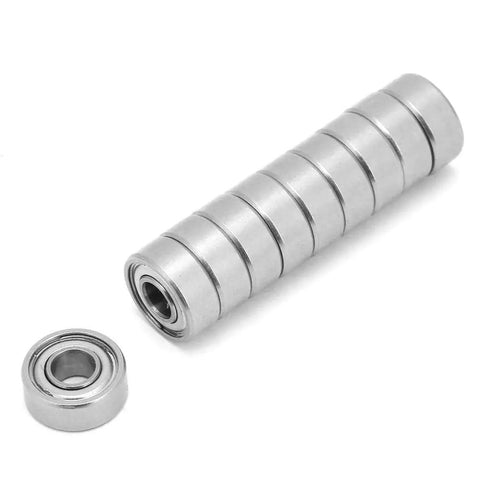 Stainless Steel Ball Bearing Kit Pack Of 10 For MR104ZZ 4mm X 10mm X 4mm Replacement Bearings, shown stacked