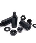 Three Sets Of M2 M2.5 M3 M4 Nylon Hex Spacer Columns Standoff Kit For PCBs And Motherboards With Screws Nuts And Washers Black 850 Pieces Ideal For Precise Component Spacing Alignment Quick Assembly And Durable DIY Electronics And Computer Builds. black nylon hex standoffs with screws and washers