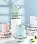 Smart Desktop Beverage Chiller With Rapid Freeze And Instant Heat Mode Made From Food Grade Aluminum in pastel colors on display.
