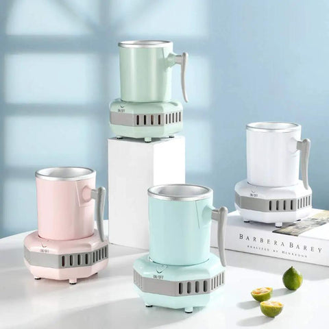 Smart Desktop Beverage Chiller With Rapid Freeze And Instant Heat Mode Made From Food Grade Aluminum in pastel colors on display.