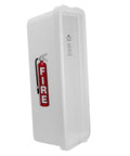 Rock Solid Tough As Nails White Surface Mount Fire Extinguisher Cabinet 5 Pound Safety Lock Box side view with fire label