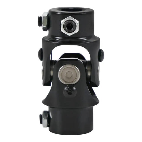 Beefed Up 13/16-36 Spline X 3/4 DD Universal Joint, 83mm Length (3-1/4 In), 40Cr Steel, High Strength U Joint For Steering, Up To 4000 RPM, 35 Degree Working Angle, Ideal For Off Road And Performance Vehicles. Black universal joint with cross bearings