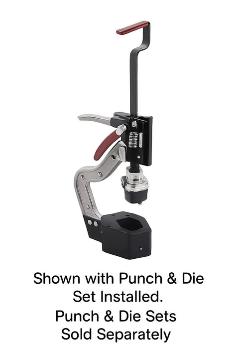 Ratcheting Gutter Outlet Punch Tool Frame For Quick Holes In Aluminum Gutters With Angled Punch Blade And Ample Throat Clearance Bench Mount Ready Delivers Precise.032-Inch Fastener Holes And Smooth Cutting Action, shown with punch & die set installed.