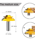 45 Degree Lock Miter Router Bit Set for Tongue and Groove, medium size diagram with dimensions and application examples.