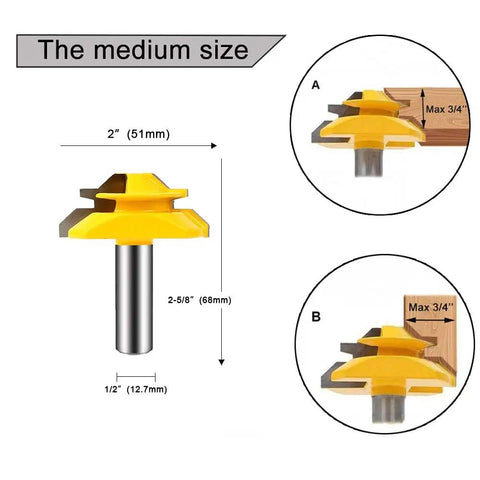 45 Degree Lock Miter Router Bit Set for Tongue and Groove, medium size diagram with dimensions and application examples.