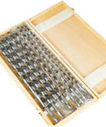 Heavy Duty 8Pc 18 Inch Wood Auger Drill Bit Set Knockout Workhorse Kit displayed in a wooden case for easy storage.
