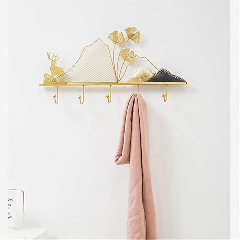 Tough Metal Wall Hook Heavy Duty Coat Rack With Extra Spacious Storage For Keys Umbrellas Coats And Hats, gold design with mountain decor