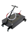 Heavy Duty 17 Gallon Oil Drain Pan With Manual Pump And 7.2 Foot Hose U Shaped Spout with foldable T handle on wheels.