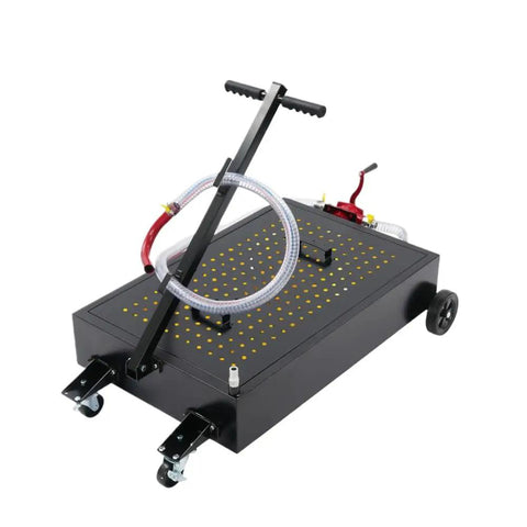 Heavy Duty 17 Gallon Oil Drain Pan With Manual Pump And 7.2 Foot Hose U Shaped Spout with foldable T handle on wheels.