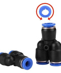 Top Tier 100 Pcs Pneumatic Push To Connect Fitting Kit For Y W Shaped Air Water Oil Hose Connections Easy Install Durable Connector Range 4 To 16mm Perfect DIY Projects And Industrial Replacements, black plastic Y connector with blue ring