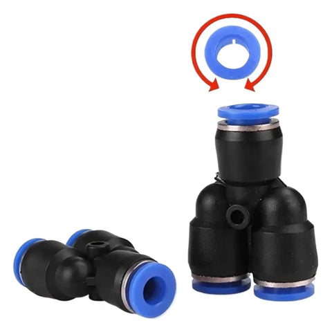 Top Tier 100 Pcs Pneumatic Push To Connect Fitting Kit For Y W Shaped Air Water Oil Hose Connections Easy Install Durable Connector Range 4 To 16mm Perfect DIY Projects And Industrial Replacements, black plastic Y connector with blue ring
