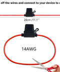 Heavy Duty Inline Fuse Holder Kit For Mini Blade Fuses, 14 Gauge Wire, easy installation view with red wire and scissors