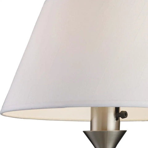 Close-up of white fabric shade on Elysburg Dope 17 Inch High One Light Satin Nickel Wall Sconce With Metal Construction