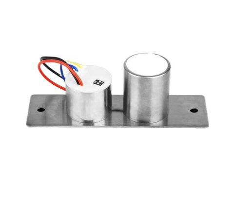 12V Mini Electric Bolt Lock Solenoid With Five Wire Feedback Sensor Tough As Nails Stainless Steel Build top view on a metal base.