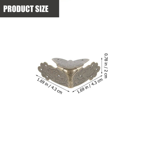Old School Antique Style Iron Corner Protectors For Vintage Wooden Boxes And Jewelry Boxes with product dimensions in inches and cm