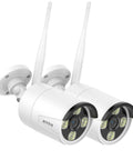 Two Pack 2K Outdoor Security Cameras Add On, 3MP Wireless Surveillance IP Cameras With Human Detection, white design, wall mounts visible