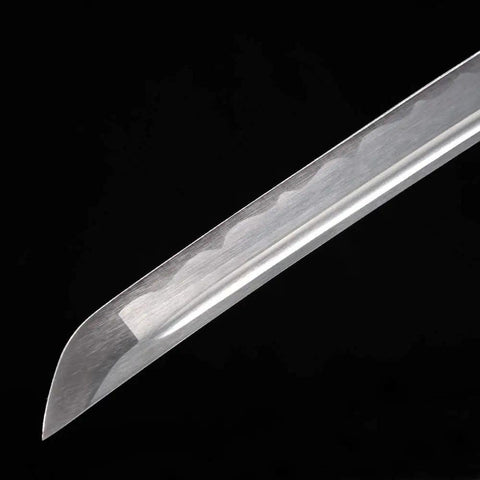 Close-up of blade from Three Piece Iaido Katana Display Set With Bamboo Leaf Hilt And Gold Accents Dope Silk Wrapped Grips Premium 1045 Carbon Steel Blades