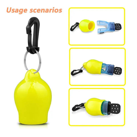 Regulator Mouthpiece Cover Set for Diving and Snorkeling, PVC Dust-Proof Cap Protectors in Yellow, shown in use.