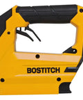Heavy Duty Pneumatic Crown Stapler And Brad Nailer, yellow frame, ergonomic design, ideal for jobsite applications.