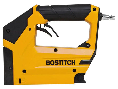 Heavy Duty Pneumatic Crown Stapler And Brad Nailer, yellow frame, ergonomic design, ideal for jobsite applications.