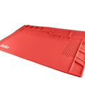 Large Silicone Soldering Mat For Workbench, Burn-Resistant Up To 930 F, with compartments and tool slots, red color, angled view