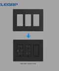 Residential Grade 3 Gang Screwless Decorator Wall Plate Cover Mid Size Unbreakable Thermoplastic Faceplate For Receptacle Outlet Switch UL Listed Matte Black 5 Pack, showing installation over USB outlet and dimmer switch.
