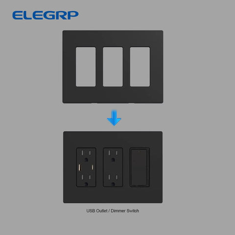 Residential Grade 3 Gang Screwless Decorator Wall Plate Cover Mid Size Unbreakable Thermoplastic Faceplate For Receptacle Outlet Switch UL Listed Matte Black 5 Pack, showing installation over USB outlet and dimmer switch.