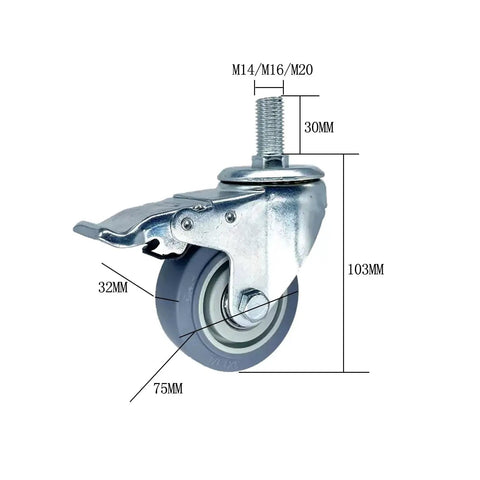Heavy Duty Three Inch Rubber Swivel Casters With Locking Brakes Set Of Four M20 Threaded Stem Wheels showing dimensions and design.