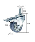 Badass Heavy Duty Three Inch Swivel Casters With Brakes And Threaded Stems For Workbenches Tool Carts Rubber Rolling Wheels side view with labeled dimensions