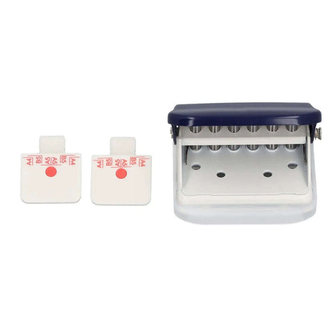 Six Hole Dope Handheld Metal Circle Paper Punch With Positioning Ruler for A4 A5 B5 notebooks, showing punch and two rulers.
