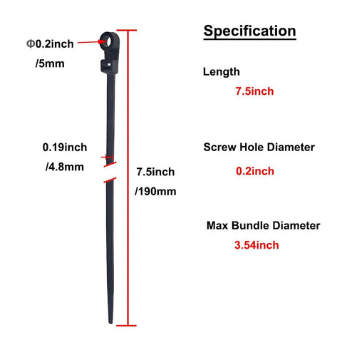 Heavy Duty 7.5 Inch Zip Ties With Mounting Screw Holes, UV Resistant Nylon 66, 50 Lbs Tensile, 100 Pack specifications chart.