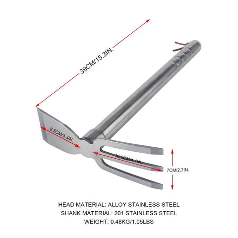 Stainless Steel Garden Hoe Rake Dual Head 15 Inch Heavy Duty One Hand Use Weeder And Cultivator 3 Prong Multipurpose Tool