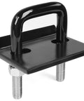 Close-up of hitch tightener with rubber coated pin showing steel construction for 1.25 and 2 inch receivers to reduce wobble and noise.