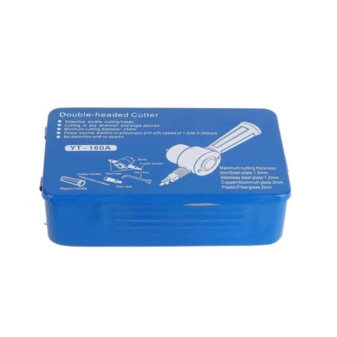 Packaging of Double Headed Sheet Metal Nibbler with Drill Attachment for Precise Metal Cutting including 360 Degree Rotatable Cutter Heads