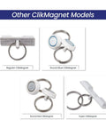 Four types of ClikMagnets: Regular, Round Blue, Round Red, Super, shown in white with metal loops for hanging on surfaces.
