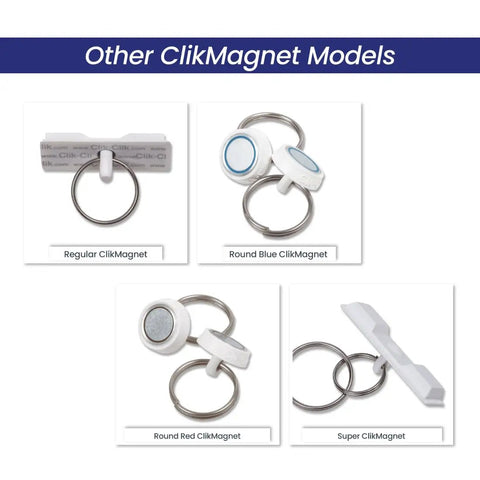 Four types of ClikMagnets: Regular, Round Blue, Round Red, Super, shown in white with metal loops for hanging on surfaces.