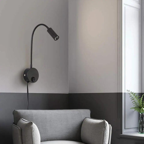 Plug In LED Reading Lamp Wall Sconce 3W Warm White 3000K Bead Lens Soft Light Flexible Gooseneck Black Finish mounted in a room