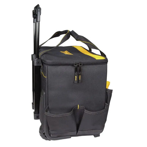 Side view of Lighted Roller Tool Bag With Built In LED Lights Heavy Duty Wheels Telescoping Handle Magnetic Folding Zipper Top 18 Inch
