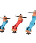 Heavy Duty Universal Adjustable CNC Mill Work Stop Positioner For Lathe And Multi Function Machining Rigs With Crisp Angle Height Tweaks and Rock Solid M16 Lockdown - three colorful adjustable positioners in different sizes.