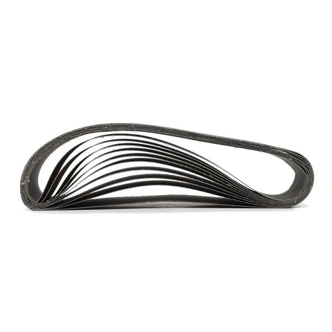 HPG120-10 One And One Half Inch By Thirty Inch Aluminum Oxide Sanding Belt 120 Grit Ten Pack stacked in profile view.