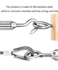Close-up of 304 stainless steel turnbuckle hook and eye tensioners connected to cables and wood, corrosion-resistant