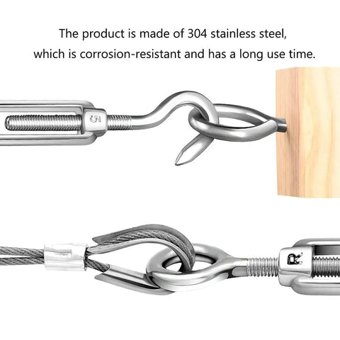 Close-up of 304 stainless steel turnbuckle hook and eye tensioners connected to cables and wood, corrosion-resistant