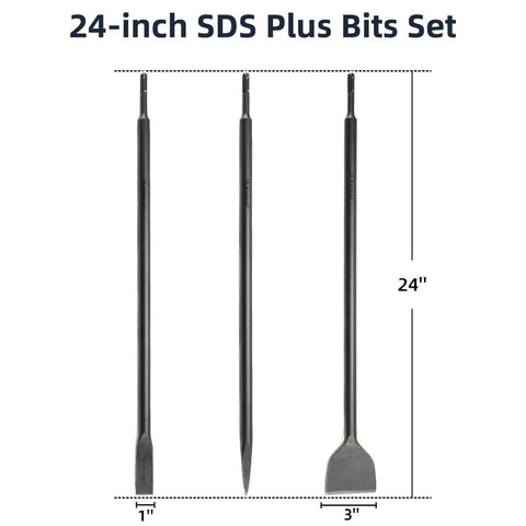 Beefy 24 Inch SDS Plus Three Piece Chisel Set With 1 Inch Flat, 1 Inch Point, 3 Inch Scaling Chisels, 40Cr Steel, for demolition