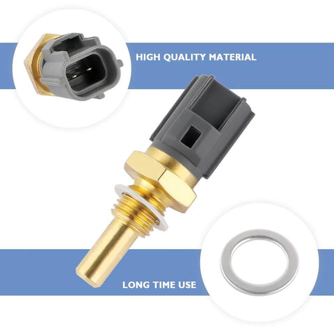 Engine coolant temperature sensor side view with brass threaded stem, gray plastic connector, and O-ring