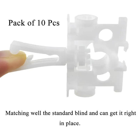 Workhorse Vertical Blind Repair Carrier With Stem 10 Pack White Replacement Parts For Window Blinds close-up of plastic clip for easy installation.
