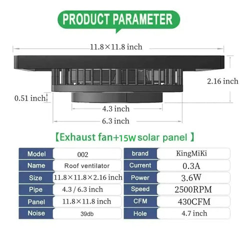 Product specifications for High Power Solar Exhaust Fan 2500RPM High CFM For Attic Up To 500 Sq Ft With IP65 Waterproof Build Auto On Off Whisper Quiet No Fuss Easy DIY Installation For Garage Greenhouse Shed Roof Vent 15W Solar Ventilation.