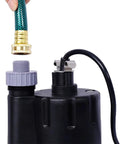 Badass 1/4 HP Submersible Sump Pump Shifts 2000 Gallons Daily, Tough Thermoplastic Build showing hose connection and power cable.