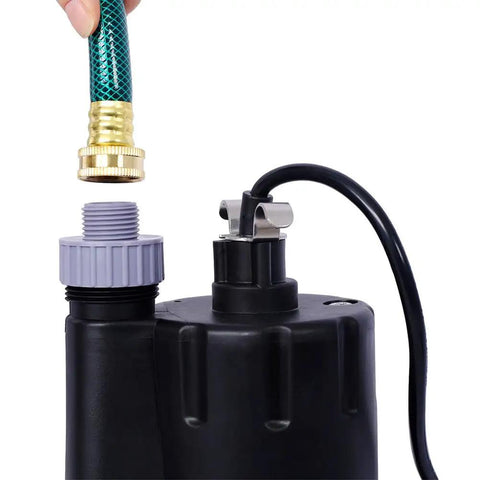 Badass 1/4 HP Submersible Sump Pump Shifts 2000 Gallons Daily, Tough Thermoplastic Build showing hose connection and power cable.