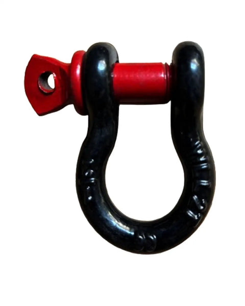 Rock Solid 1/2 Inch D Ring Shackle Built Different with rugged black finish and red pin for off road recovery towing.